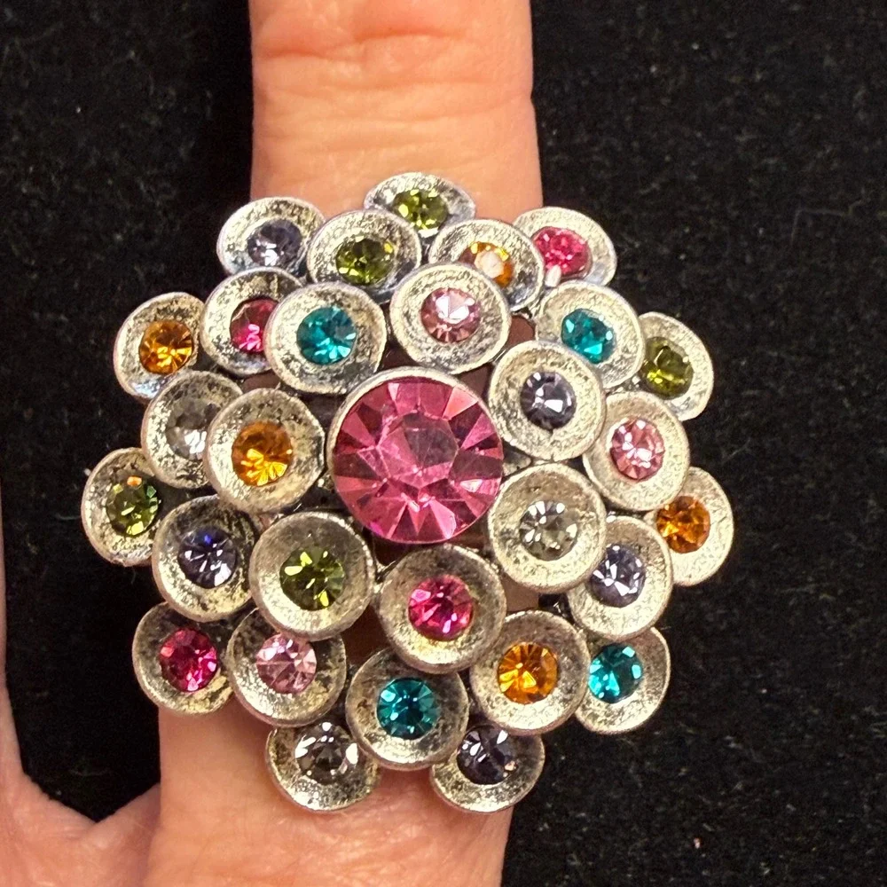 Multicolor Rhinestone Cluster Stretch‎ Cocktail Ring Antiqued Silver Tone Domed